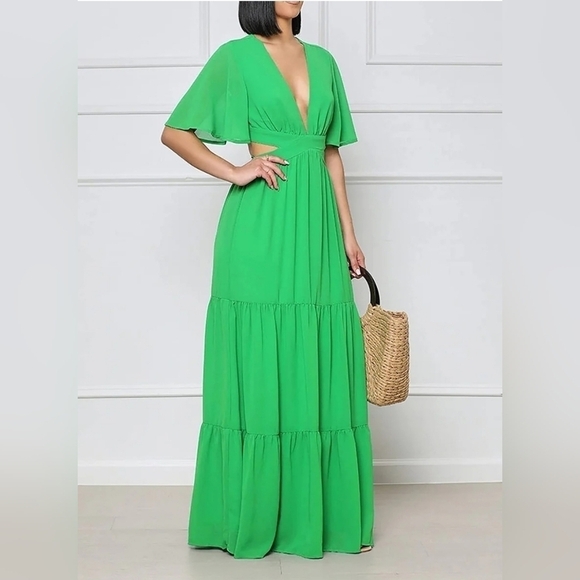 Lilly's Kloset Dresses & Skirts - Lilly's Kloset Green Chiffon Temperament Low-cut Waist Dress Short Sleeve Sz. L
